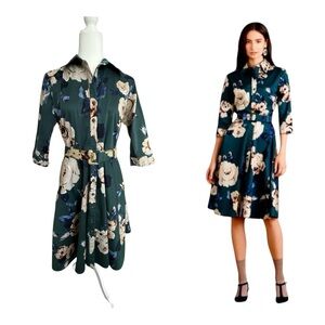 Anthropologie Peony Floral Shirt Dress Teal Belted Fit Flare Pockets Size 4
